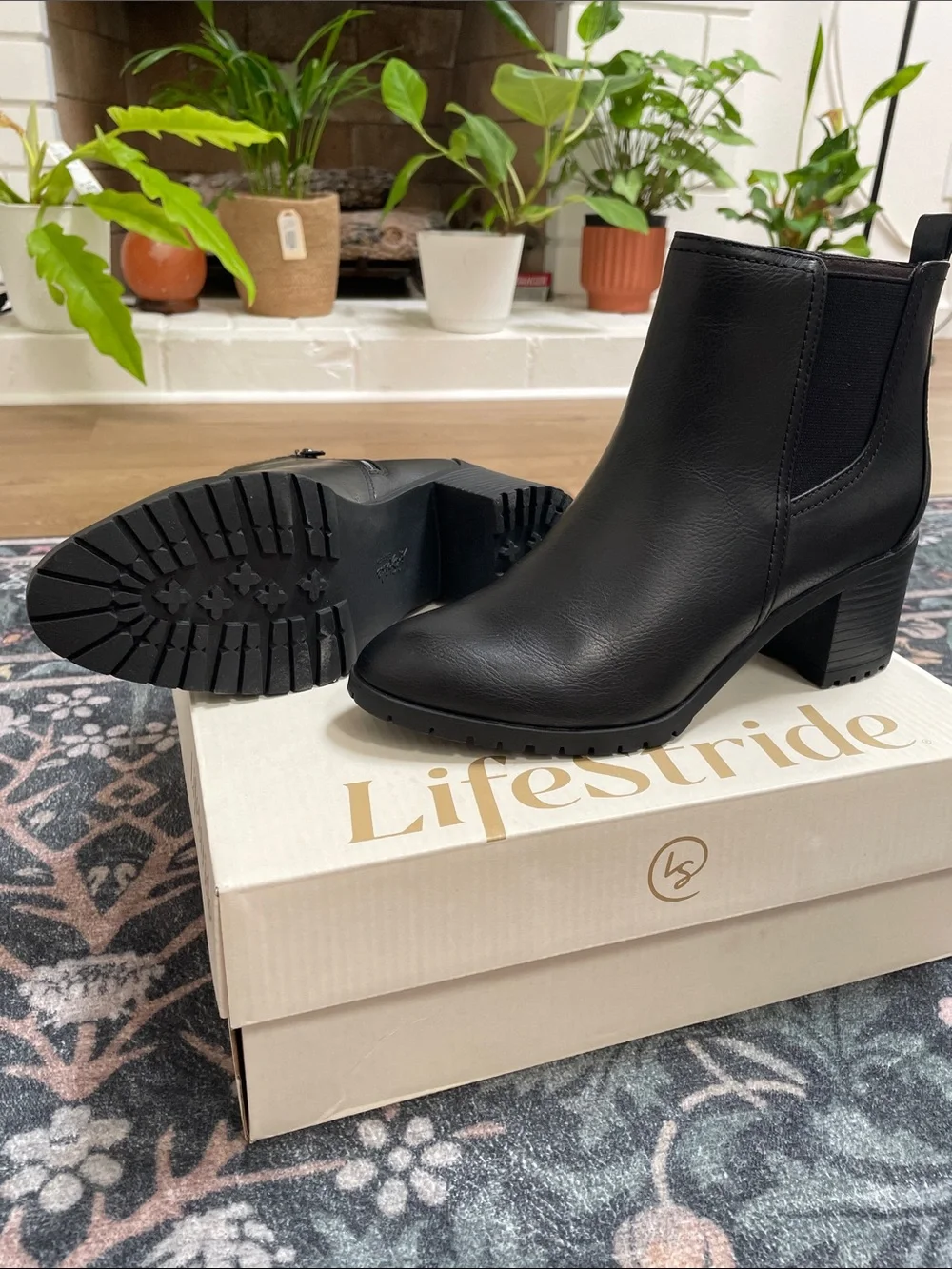 Life Stride Black Faux-Leather Ankle Booties with Block Heel